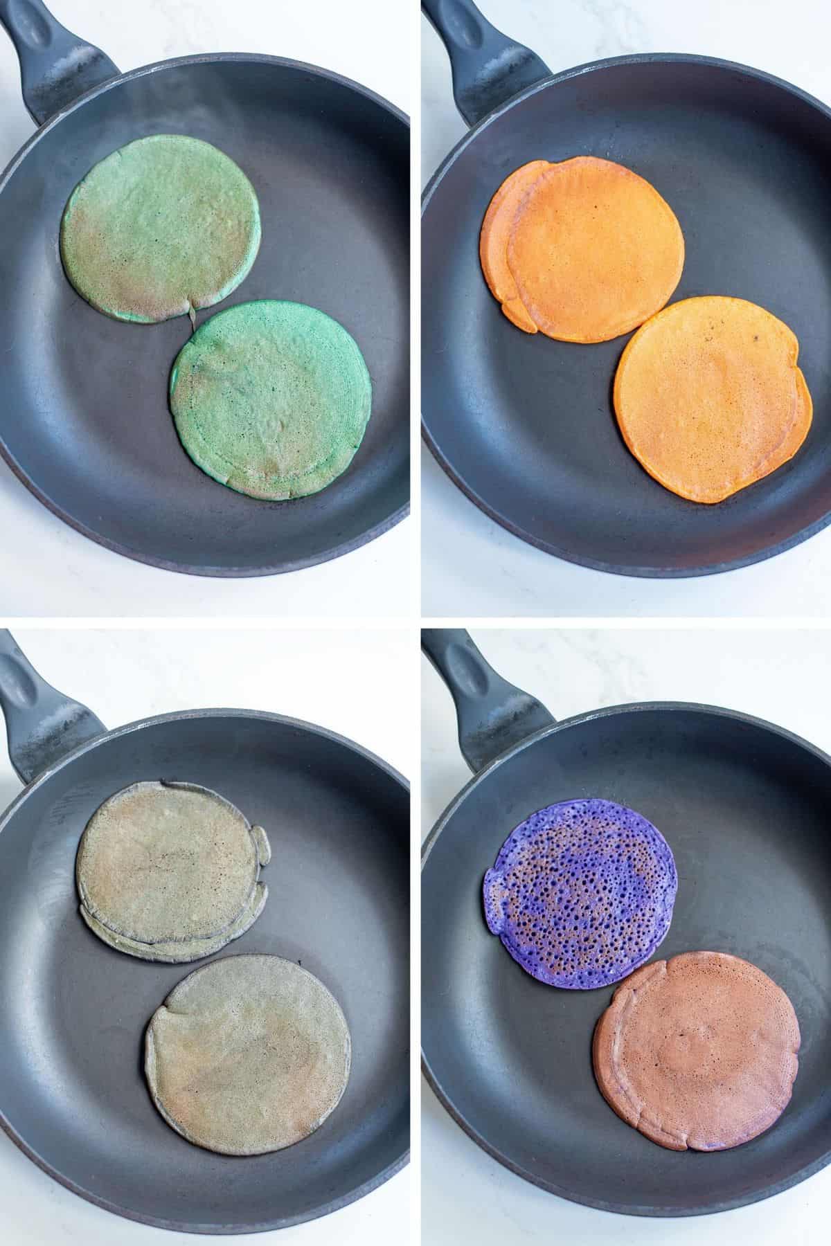 黑色锅中有四种不同颜色的煎饼。